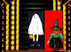 a 6 foot tall trick or treater is in front of a [halloween] log cabin. a floor is -16 feet behind the cabin. the trick or treater faces the cabin. sky. is halloween. ground is invisible.a 5.7 foot tall red door is -3.5 feet in front of the cabin. it is -.4 feet left of the trick or treater. it faces back.  a lemon chiffon light is -3 foot above the cabin. a 4.5 foot tall person is behind the door. the knob of the door is black.