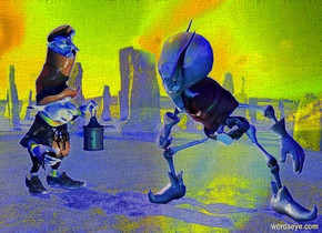 a goblin. backdrop is [image-12328].a leprechaun is 1 feet left of the goblin.the leprechaun is facing the goblin.the camera light is 70% blue.ambient light is 50% blue.the sun's altitude is 45 degrees.shadow plane.the goblin is facing southeast.a linen light is 6 inches right of the leprechaun.a green light is 6 inches in front of the goblin.the backdrop is shiny.the sky is night.