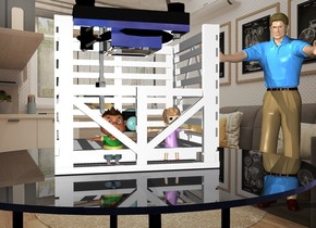 The room backdrop. The small white  box is on the table. The silver projector is -1.4 feet above the box. It is upside down. the silver turntable is -4 inches above the projector. It is upside down. The man is behind and 6 inches to the right of the table. He is facing the table. The kid is -4 inches in front and -11 inches to the right of the box. The kid is 9 inches tall. A 2nd kid is 1 inches to the left of the kid. She is 9 inches tall. 