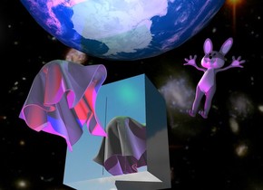 The [sky] backdrop. the enormous earth is 8 feet above the silver elevator. The elevator is 14 feet above the ground. The large  ghost is 2 feet in front of the elevator. The red light is 2 inches in front of the ghost. The ghost is leaning to the right. The blue light is 6 inches to the left of the red light. The camera light is mauve. The rabbit is 3 Feet to the right of the ghost. It is 5  feet tall. The rabbit  is leaning to the left. The green light is 1 foot above the ghost. The mauve light is -10 inches above and -9 inches in front of the rabbit. The purple light is 2 feet in front Of the elevator. 
