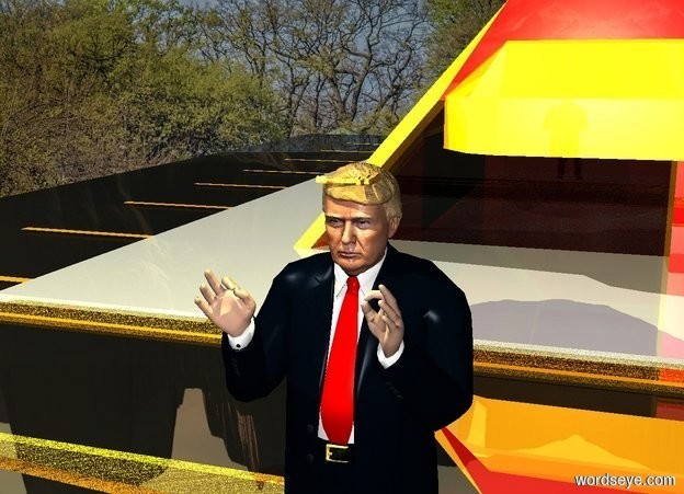 Input text: a trump.a shiny structure is behind the trump. a 1st french fry is -2 inches above the trump.a 2nd french fry is in front of the 1st french fry.a 3rd french fry is right of the 2nd french fry.it is facing east.a 4th french fry is right of the 3rd french fry.it is facing east.a 50% yellow light is in front of the 2nd french fry.