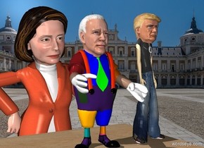 pelosi is 2 feet behind the 8 foot tall wooden cube. she is 16 feet tall.

biden is on the cube. his head is 2 feet tall.

trump is to the right right of biden. his head is 1.5 feet tall.