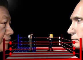 Donald trump is five feet to the right of joe Biden. Donald trump is facing joe Biden. Donald trump is in an american flab boxing ring. Joe biden is in the boxing ring. Joe is facing donald. The backdrop is black. Humongous Putin is 5 feet to the right of trump. Putin is facing trump. Humongous xi jinping is 5 feet to the left of Biden. xi jinping is facing biden.