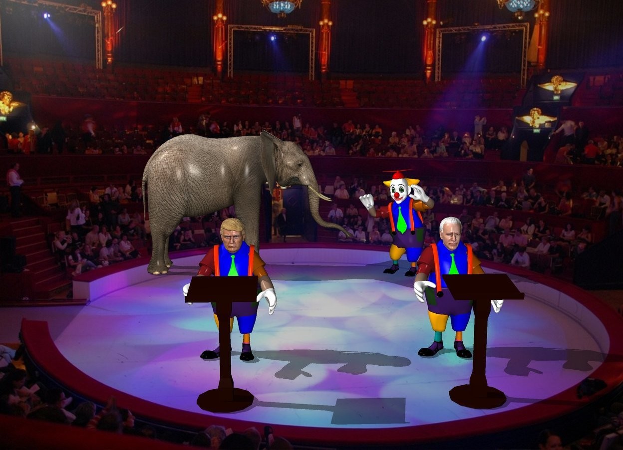 Input text: Donald trump is five feet to the left of joe Biden.The backdrop is the circus. A big lectern 1.5 feet in front of donald. A second big lectern is 1.5 feet in front of joe. An elephant is 10 feet behind trump. The elephant faces right. A clown is 10 feet behind biden. The clown faces the trump.