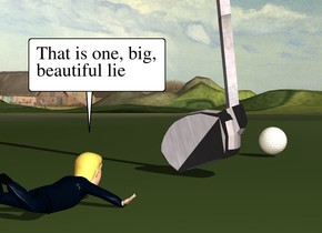 The [metal] golf club is on the tall  [grass] ground. The golf club is facing left. The golf ball is 9 inches in front of the golf club. The extremely tiny man is 6 inches behind the golf club. He is leaning 35 degrees to the front. He is 2 inch in the ground. 