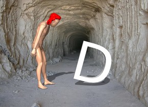 The manikin. The red head of  hair is -1 feet above and -12 inches in front of the manikin. It is -12 inches to the left of the manikin. It is leaning 24 degrees to the front. The large  "D" is 1 foot in front of the manikin. It is facing left. It is leaning 15 degrees to the left. 