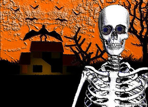 The  [scene]  backdrop. it is noon. a 12 foot tall white smoke skeleton. a 1st large eye is -1 foot above and -2.4 foot left of and -1.7 feet in front of the skeleton. a 2nd large eye is .1 feet right of the eye. a tiny blue light is in front of and right of the 1st eye. sun is ghost white.