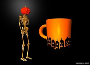 The monster is 4 feet to the left of the 5 foot tall pumpkin coffee. The backdrop is black. The camera light is orange.