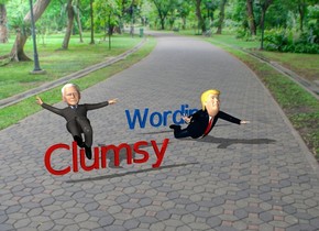 Donald Trump is 3 feet to the right of Joe Biden. "Wording" is 1 feet  behind Donald."Wording" is  electric blue. "Clumsy" is one foot in front of Joe."Clumsy" is tulip red.
