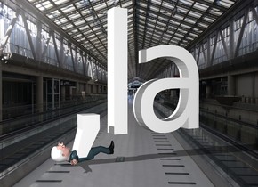 the ",la" is -.4 foot above and -.5 foot to the right of the pence. the pence is 9 inches tall. the pence is leaning 90 degrees to the back. pence is facing right. 