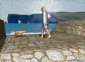 a bridge.a man is -3.3 feet above the bridge.the bridge is 10 feet tall.a fox is 1 feet behind the man.it is 1 feet right of the man.the man is facing the fox.pale shadow plane.