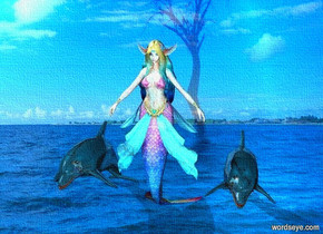 a shiny elf.water backdrop.pale shadow plane.a 1st shiny dolphin is right of the elf.backdrop is shiny.sky is fantasy.a 2nd shiny dolphin is left of the elf.