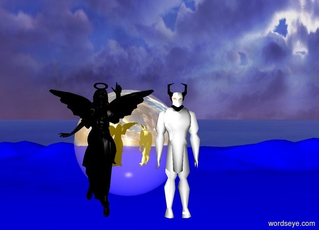 Input text: The angel is left of the devil . 
the angel and devil are in the sky 

behind the angel and devil there is a 6 foot tall gold reflective sphere.

the ground is blue

the angel is black
the devil is white




