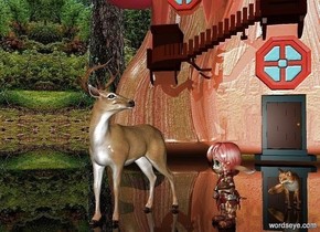 a deer.a elf is 1 feet right of the deer.the elf is facing southwest.a shiny building is 20 feet behind the deer.clear ground.a fox is 1 feet behind the elf.it is right of the elf.