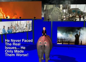 a  large elephant faces back. 1st [fire2] billboard is 15 feet behind and 1 feet left of the elephant. the [fire2] of the 1st billboard is 45 feet wide. 2nd [storm] billboard is 24 feet behind and -10 feet right of the elephant. it is -2 feet above the ground. the [storm] of the 2nd billboard is 45 feet wide. 3rd 24 feet tall [covid] billboard is 8 feet left of and 4 feet behind the elephant. it faces southeast. it is 4 feet in the ground. a 15 feet tall and  25 feet long [blm] wall is 23 feet behind and 3 feet right of the elephant. 1st 1.2 feet tall eye is -.5 feet in front of and -3.7 feet left of and -3 feet above the elephant. 2nd 1.2 feet tall eye is -.5 feet in front of and -3.7 feet right of and -3 feet above the elephant. backdrop is [fantasy]. ground is blue. a 5 feet tall and 3 feet wide tube is 20 feet above and 7 feet in front of the elephant. it leans 40 degrees to the front. a red light is -2.5 feet above the tube. the donald is -1.3 feet above and -7 feet in front of the elephant. 