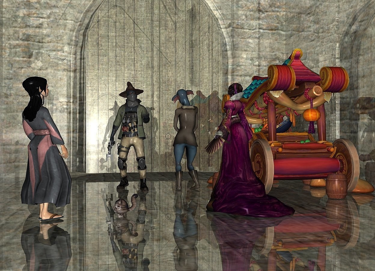 Input text: a shiny building.a warlock is -15 feet in front of the building.he is facing north.a food cart is 3 feet left of the warlock.it is facing right.a elf is 1 feet right of the warlock.the elf is 5 feet behind the warlock.the elf is facing southwest.a cat is 1 feet left of the elf.it is facing the elf.a cyclops is right of the cart.a lady is 2 feet left of the cat.the lady is facing southeast.