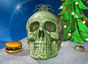 a skull.a green light is in front of the skull.shiny backdrop.fantasy sky.pale shadow plane.a frog is right of the skull.it is facing southwest.a spider is -2 inches above the skull.it is leaning 40 degrees to the south.a hamburger is left of the skull.a tiny christmas tree is behind the frog.