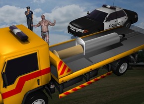 The hypodermic needle is on the wrecker. It is 16 feet tall. It is leaning 90 degrees to the front. The field backdrop. The man is 4 feet to the left of the wrecker. The man is facing southeast. A police car is 3 feet behind the man. a police officer is 3 feet to the left of the man. The police officer is facing the man.