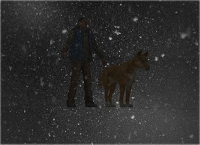 snow backdrop.a man.a dog is 1 feet in front of the man.a clear flat wall is 6 feet left of the dog.it is facing right.the wall is 50 feet long.the wall is 50 feet tall.the sky is snow.the backdrop is shiny.