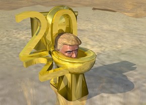 The shiny ground. The head is -2 feet above the gold toilet bowl. The gold  "2" is to the left of the head. It is face up. A gold "20" is -9 inches above and -4 inches behind the head. It is -12 inches to the left of the head. 