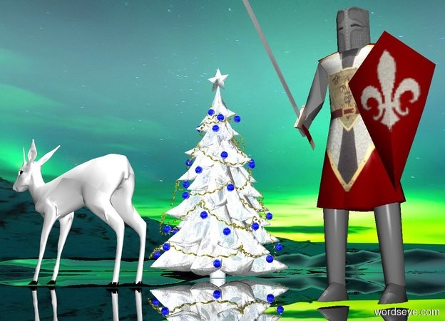 Input text: a 10 foot tall shiny white christmas tree is on the clear ground. sun is white. it is noon. the ribbon of the tree is gold. the ball of the tree is blue. a white deer is 9 feet in front of and right of the tree. it faces west. A 3 foot tall knight is 2 feet in front of it and 5 feet east of it.