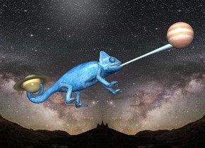 the very large steel blue chameleon is in the universe. it is leaning back. 

the saturn is -11 inches above and -5 inches behind the chameleon. it is 3 inches tall. it is leaning back. the jupiter is -2 inches in front and -4 inches above the chameleon. it is 4 inches tall. 