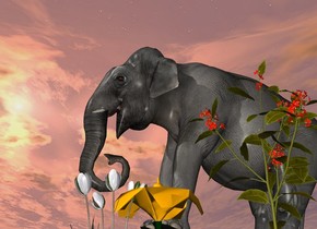 7 flowers. a tiny elephant is 1 feet behind the flowers. it is facing left. it is leaning back. 