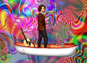 the [hippie] backdrop. A boat is in the water ground. 
a man is in the boat. the guitar is behind the man. It is facing left. it is leaning 30 degrees to the right. 

the small pot is -12 inches in front and -1.2 foot above the man. the tree is in front of the man. it is 4 feet tall. a first tiny orange sphere is 1 foot in the tree. a 2nd tiny orange sphere is 1 foot below and 9 inches in front of the 1st sphere. a 3rd tiny orange sphere is 6 inches below and 6 inches behind the first sphere.