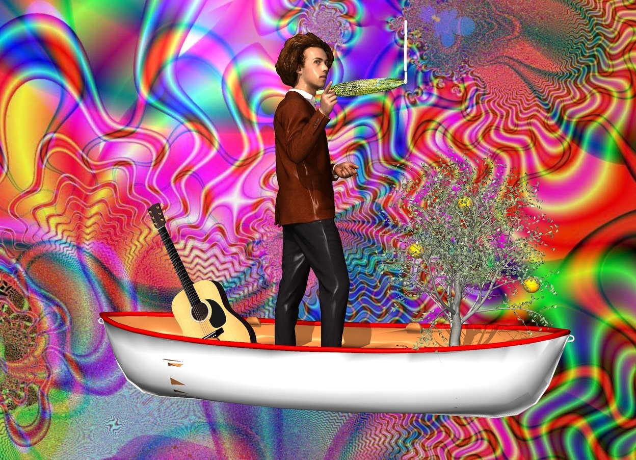 Input text: the [hippie] backdrop. A boat is in the water ground. 
a man is in the boat. the guitar is behind the man. It is facing left. it is leaning 30 degrees to the right. 

the small pot is -12 inches in front and -1.2 foot above the man. the tree is in front of the man. it is 4 feet tall. a first tiny orange sphere is 1 foot in the tree. a 2nd tiny orange sphere is 1 foot below and 9 inches in front of the 1st sphere. a 3rd tiny orange sphere is 6 inches below and 6 inches behind the first sphere.