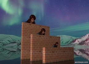 a 1st wall.a 10.7 feet tall woman is behind the 1st wall.a 2nd 5 feet tall wall is 3 feet in front of the 1st wall.a 6.7 feet tall woman is behind the 2nd wall.a 3rd 2.5 feet tall wall is 3 feet in front of the 2nd wall.a 3.5 feet tall woman is behind the 3rd wall.clear ground.