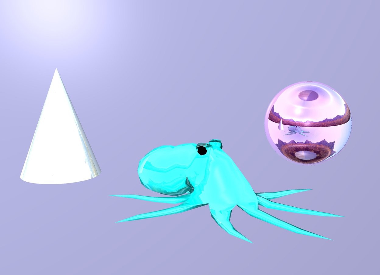 Input text: The cyan octopus is 2 feet left of the purple sphere.  
The pale blue backdrop. 
The sphere is reflective .
The ground has a sand texture.
 
The octopus is 2 feet tall . 
The cone is 2 feet behind the octopus . 
The cone is 4 feet tall . 
The cone is 3 feet wide .
The cone is pale turquoise.   

The sphere is 3.5 feet wide.


The cone is shiny.
The octopus is shiny.