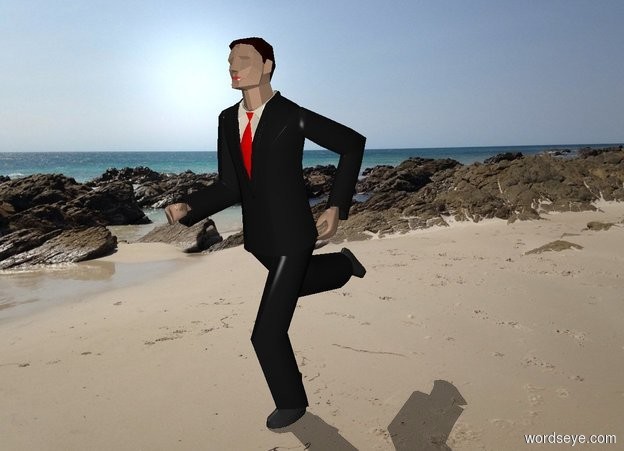 Input text: the man is running on the beach.