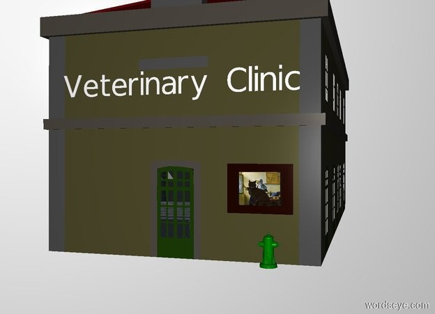 Input text: THE WHITE BACKDROP. a 20 foot tall 30% dark building. she faces back. a green fire hydrant is in front of and -4 feet to the right of the building. a white "Veterinary Clinic" is -.5 foot in front of and -10 feet above the building.  a 3 foot tall and 4 foot wide flat window is in front of and -6 feet to the right of the building. it is 1 foot above the fire hydrant. window's pane is silver. a 2.5 foot wide and 2 foot tall flat [room] cube is in front of and -2.5 foot above the window. a small 20% dark cat is in front of and -2 feet above the cube. a 1st white bench is -20 feet above the building. a 2nd white bench is to the left of the 1st bench.