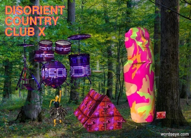 Input text: forest backdrop.
[ppl] art.
[dis] tent.  decoration.
[discamo] big idol is to the left of the art. 
orange dancer is to the left of the tent.
ceiling light is three feet above tent. 

large [signage] drum kit above dancer.
