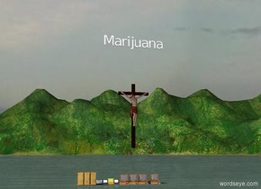 Massive crucifix is 10 feet in front of twenty computers. Marijuana is in the sky five feet above crucifix.