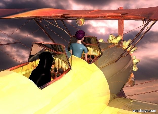 Input text: a shiny biplane.it is 10 feet above the ground.a small woman is -40 inches above the biplane.she is -70 inches in front of the biplane.sky backdrop.pink sun.a 1.5 feet tall dog is 1.2 feet behind the woman.the biplane is [abstract].