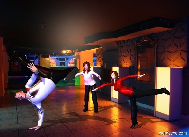 Input text: A 75% dark man with a disco shirt is spinning on the ground. He is in a disco. A gasping woman is 2 feet behind and -1 foot right of the man. She is facing the man. A red light is above the man. A woman is dancing 1 foot to the right of the man. The shirt of the woman is [glitter]. She is facing the man. A blue light is in front of the man. The azimuth of the sun is 220 degrees. The sun is cream.