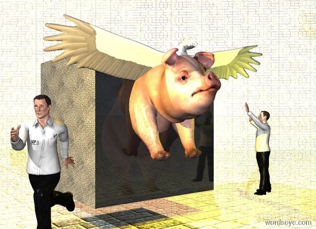 Input text: the 6 feet tall cube. the ground is 5 feet tall [tile]. the 5 foot tall pig is -7 feet above  and -6 feet in front of the cube. the pig is leaning 30 degrees to the north. the cube is [metal]. the front of the cube is transparent. the 3 feet tall bird is -4 feet above and -5 feet in front of the pig. the bird is white. the ground is shiny. the 1st 30 feet tall and 50 feet long [tile] wall is 2 feet behind and 2 feet to the right of the cube. it is -2 inches above the ground. the 1st 4 feet tall scientist is 5 inches in front of and 10 inches to the left of the cube, he is facing southwest. the 2nd 4 feet tall scientist is 0.4 inches in front of and 0.2 inches to the right of the cube, he is facing to the pig. the wall is facing the cube. the red light is above the cube. the yellow light is above the 2nd scientist. the wall is shiny. the orange light is on the 1st scientist. 