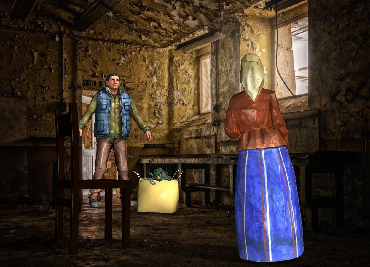 Input text: room backdrop.a woman.a man is 5 feet right of the woman.he is 7 feet in front of the woman.the man is facing the woman.a bag is behind the man.a chair is 2 feet right of the woman.it is facing southwest.the bag is left of the man.a broccoli is -8 inches above the bag.