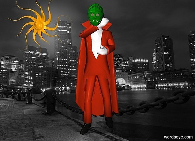 Input text: a 100 inch tall rust man.a 15 inch tall green mask is in front of the man.the mask is -15 inch above the man.a 50 inch tall orange sun symbol is 3 inch left of the man.the sun symbol is -40 inch above the man.
