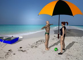 A man is 5  feet next to a very big umbrella. 2 feet in front of the man is a woman. The woman is facing the man. 1 feet in front of the man is a green ball. a rowboat is 8 feet behind the man. 