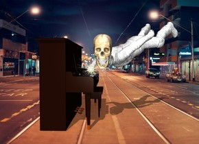 the city backdrop. the white man is -2 feet in front of the piano. he is facing northwest. he is leaning 120 degrees to the front. he is 2 feet above the ground. the large skull is -2.5 feet behind and -1 foot left of the man. it is facing left. it is -3.4 feet above the man. 

the small sun symbol is -2.3 foot behind and -4.5 feet above the man. 