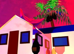 There is a reflective house. The camera light is gold. The sun is hot pink. The ambient light is purple. a large peach light is 5 feet in front of the house. the lawn of the house is lime green. The roof of the house is blue. a palm tree is behind the house. the leaf of the palm tree is reflective green. a 4 foot tall  reflective pink mouth is above the house. the mouth is facing the camera.
