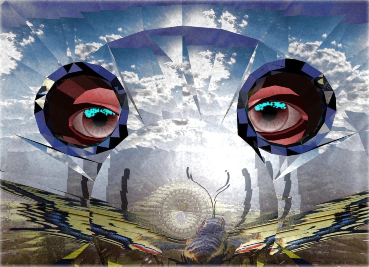 Input text: A huge black shiny button is -8.9 inch above and -8 inch in front of a 150% brown woman. Background is forest. Sky is cloud. Sun is silver. A butterfly is -8 inch above and -6 inch in front of the woman.