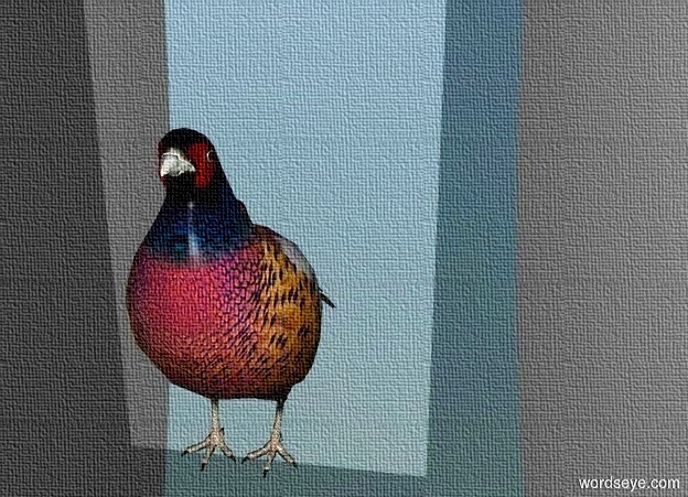 Input text: backdrop is invisible. a bird is on a 1000 foot deep and 2 foot wide and .001 foot tall street. a small pheasant is in front of the bird. a very small pheasant is in front of the pheasant. 