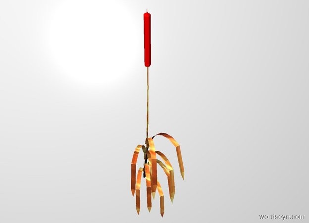 Input text: THE WHITE BACKDROP. There is a cattail. The leaf of the plant is [fire]. The head of the plant is light red. The stem of the plant is [fire].