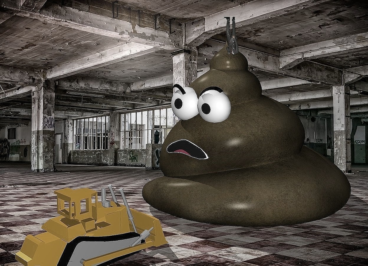 Input text: the factory backdrop. the tiny man is -9 inches above the enormous poop. he is -3 feet in front of the poop. he is upside down. 

the vehicle is 1 foot in front of the poop. it is 2 feet tall. it is facing back. 