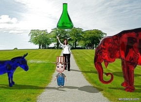 A boy is in the field. There is a red elephant 3 feet to the boy's right. There is a blue donkey 3 feet to the boy's left. The donkey is facing the boy. The elephant is facing the boy. There is a woman 5 feet behind the boy. The red elephant is transparent  The blue donkey is transparent. There is a giant green beaker 1 foot above the woman.