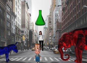 A boy is in New York City. There is a red elephant 3 feet to the boy's right. There is a blue donkey 3 feet to the boy's left. The donkey is facing the boy. The elephant is facing the boy. There is a woman 5 feet behind the boy. The red elephant is transparent  The blue donkey is transparent. There is a giant green beaker 1 foot above the woman.