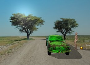 The chartreuse glass car is on the road. A man is 3 feet to the right of the car. The man is facing the car. There is a basket one foot to the right of the man. There is a chair one foot to the right of the basket.